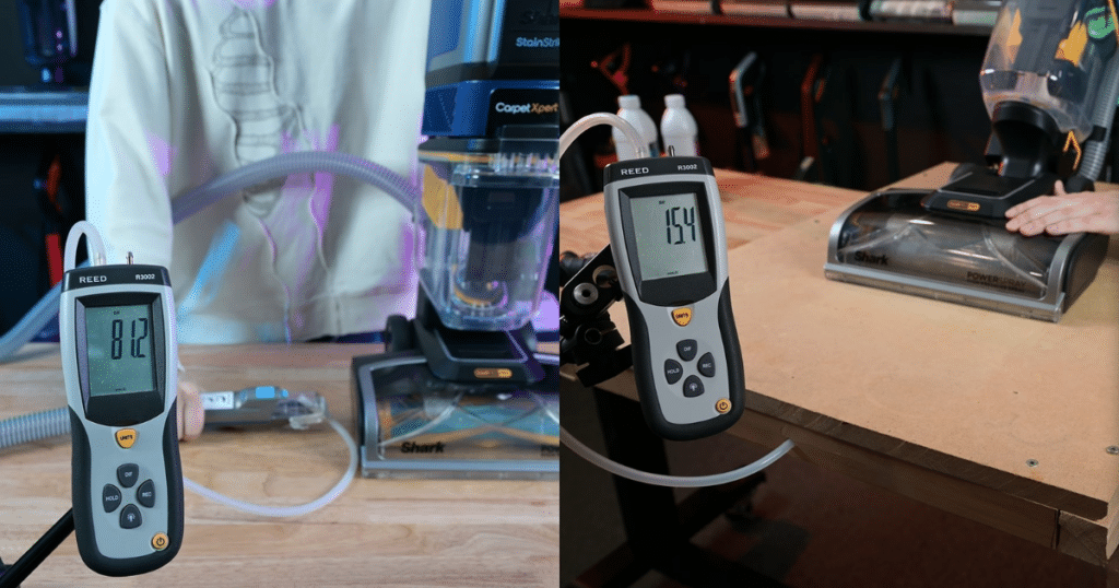 Shark CarpetXpert EX301 Power and Suction | Vacuum Wars Shark EX301 CarpetXpert suction test setup showing a digital gauge measuring suction in sealed and unsealed configurations.