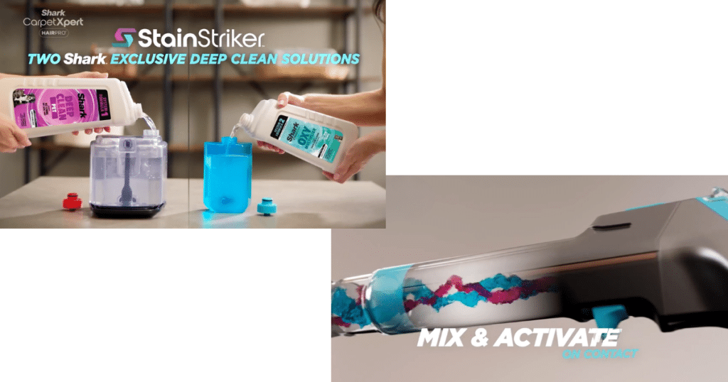 Shark CarpetXpert EX301 Solutions Mix | Vacuum Wars Two Shark cleaning solutions being poured into the Shark CarpetXpert tanks alongside a diagram showing StainStriker technology mixing the formulas inside the machine.