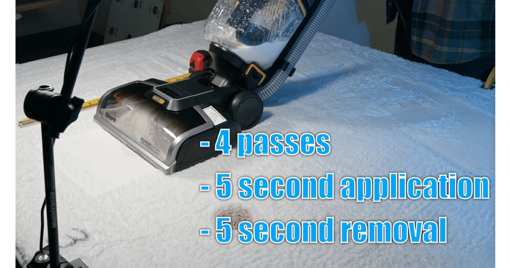Shark CarpetXpert EX301 Stain Testing | Vacuum Wars Shark EX301 CarpetXpert cleaning dried grape juice from white carpet during a standardized stain removal test with four timed passes.