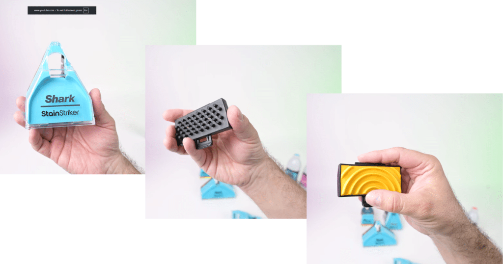 Shark CarpetXpert EX301 StainStriker Attachment | Vacuum Wars Shark StainStriker 3.5-inch Stain Eliminator attachment with reversible insert showing stiff bristles on one side and a rubber surface on the other.