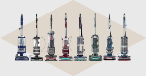 Line of 8 current Shark upright vacuums