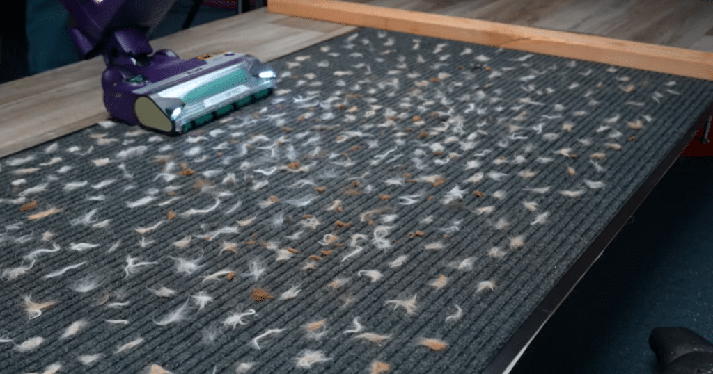 Shark PowerDetect Hair Pickup 1 | Vacuum Wars Shark PowerDetect Upright approaching hair on the surface of a carpet.