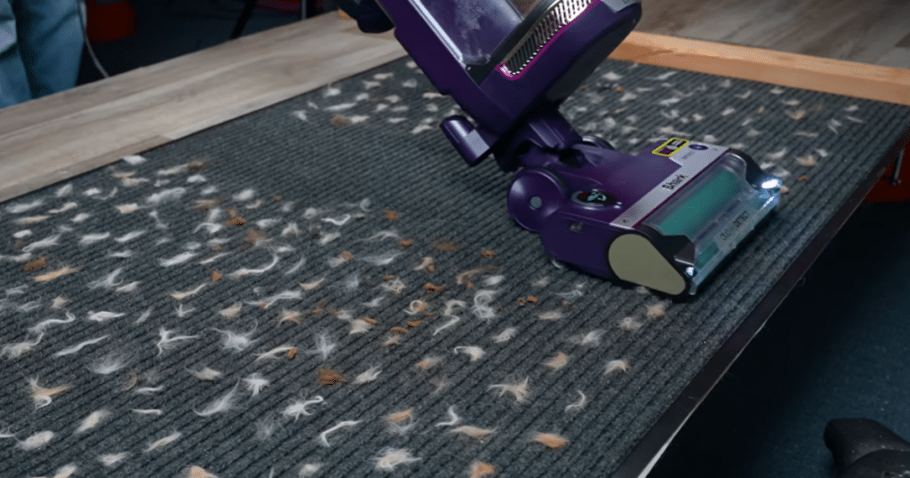 Shark PowerDetect Hair Pickup 2 | Vacuum Wars Shark PowerDetect Upright successfully vacuuming hair from the surface of a carpet.