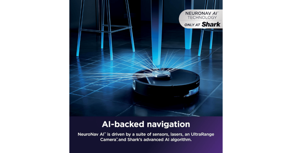Shark PowerDetect RV3020XE robot vacuum using NeuroNav AI™ navigation system with laser and camera-based floor mapping.