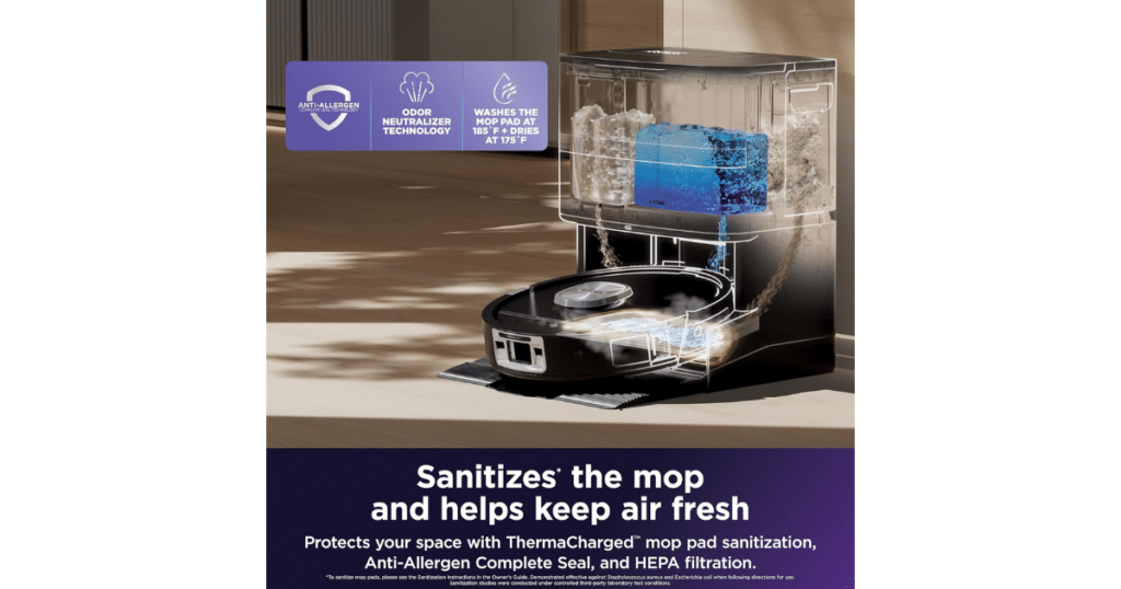 Shark NeverTouch™ Pro Base washing and drying the mop pad with high-temperature water and heated air.