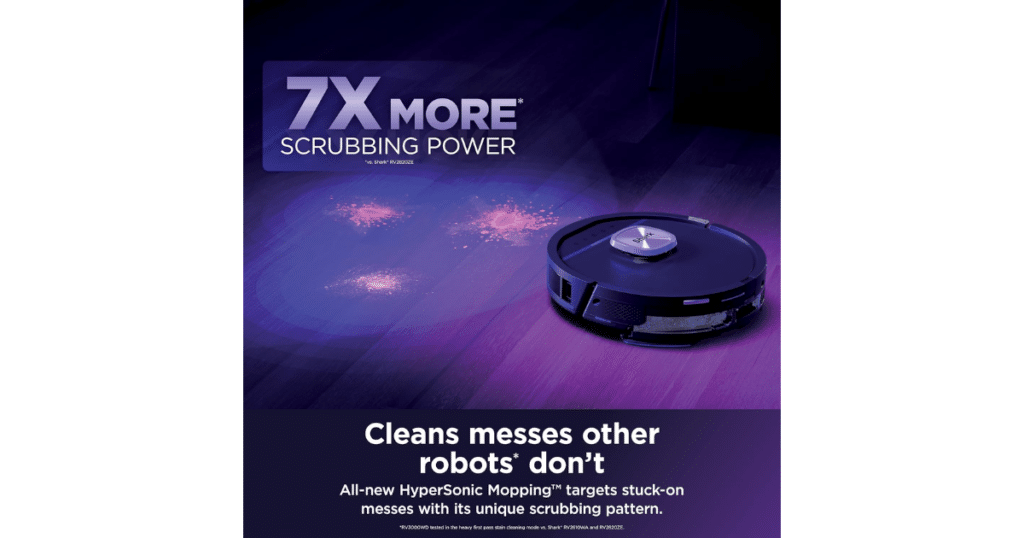 Shark PowerDetect RV3020XE robot vacuum highlighting 7x more scrubbing power with HyperSonic™ mopping on hard floors.