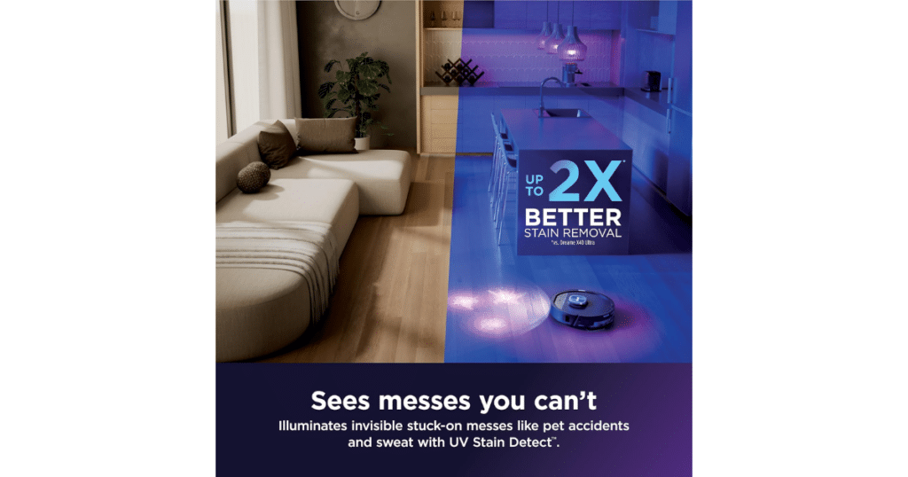 Shark PowerDetect HyperSonic ThermaCharged robot vacuum using UV light to detect invisible stains on hardwood floors in a modern living room.