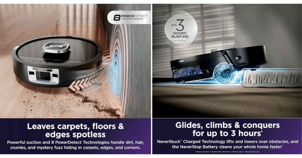 Shark PowerDetect robot vacuum using PowerDetect™ sensors for edge cleaning and NeverStuck™ technology to climb over thresholds.