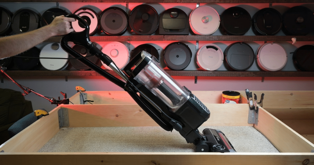 Shark ZU100 Carpet Deep Clean Test | Vacuum Wars Shark Rotator Pet upright vacuum cleaning carpet during a debris pickup test