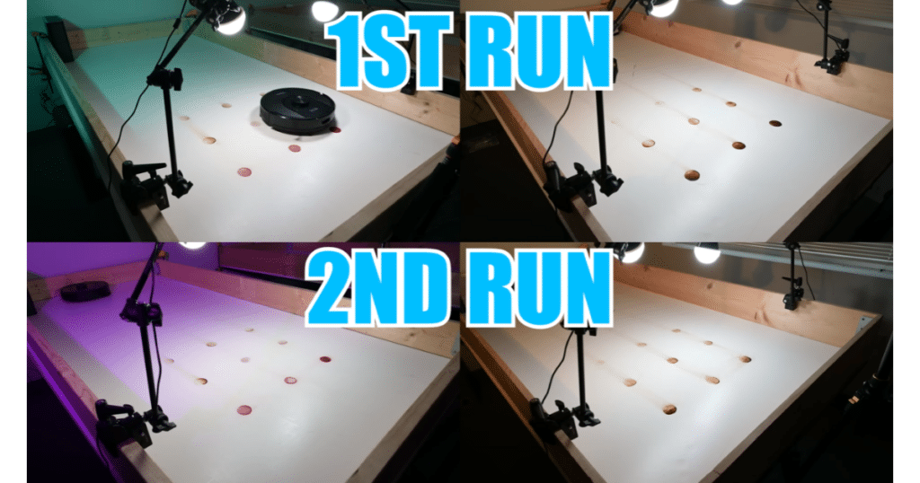 Tikom L8000 Mopping Runs | Vacuum Wars Side-by-side images of two stain cleaning test runs with the Tikom L8000 robot vacuum to verify consistent results.