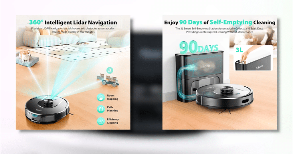 Tikom L8000 Special Features | Vacuum Wars Tikom L8000 Plus robot vacuum demonstrating LiDAR navigation mapping and self-empty base station with 90-day dust capacity.