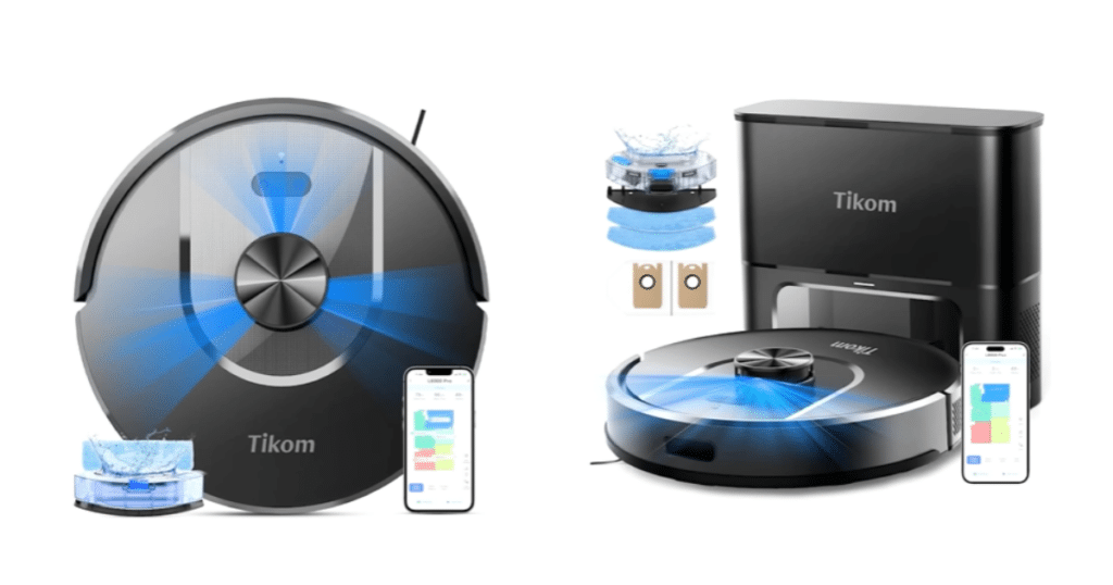 Tikom L8000 two models | Vacuum Wars Tikom L8000 Plus robot vacuum and mop combo with auto-empty base station, accessories, and mobile app control.