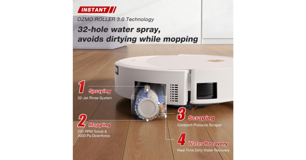 Yeedi M16 Infinity OZMO3 | Vacuum Wars Yeedi M16 Infinity OZMO Roller 3.0 mopping system showing 32-hole water spray, roller scrubbing, scraper, and dirty water recovery
