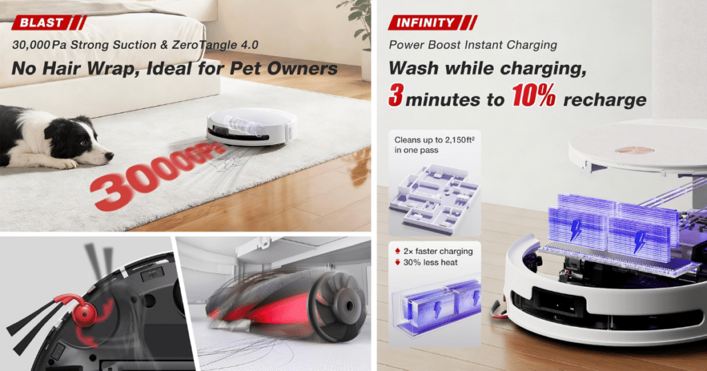 Yeedi M16 Infinity Robot Vacuum Blast Infinity | Vacuum Wars Yeedi M16 Infinity robot vacuum with 30,000 Pa Blast Suction and PowerBoost instant charging showing 3-minute 10 percent recharge feature