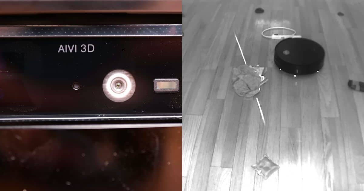 | Vacuum Wars Split image showing a close-up of the Yeedi S20 Infinity’s AIVI 3D front sensor on the left and the robot navigating around floor obstacles on the right.