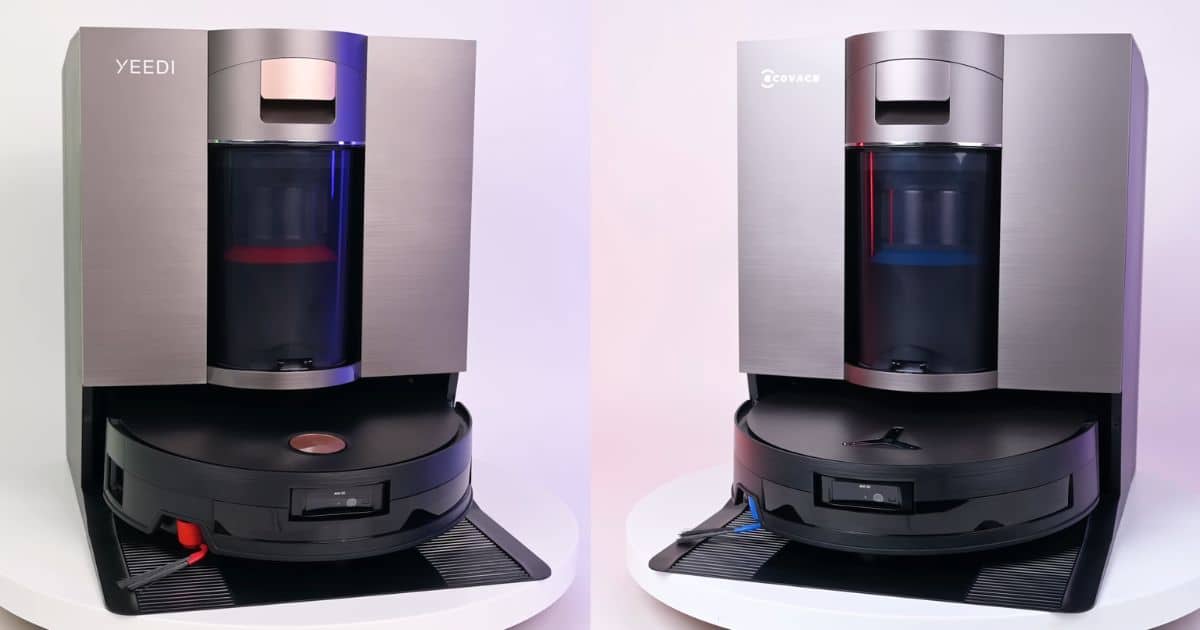 | Vacuum Wars Side-by-side image of the Yeedi S20 Infinity dock and robot on the left and the Ecovacs Deebot X11 OmniCyclone dock and robot on the right.