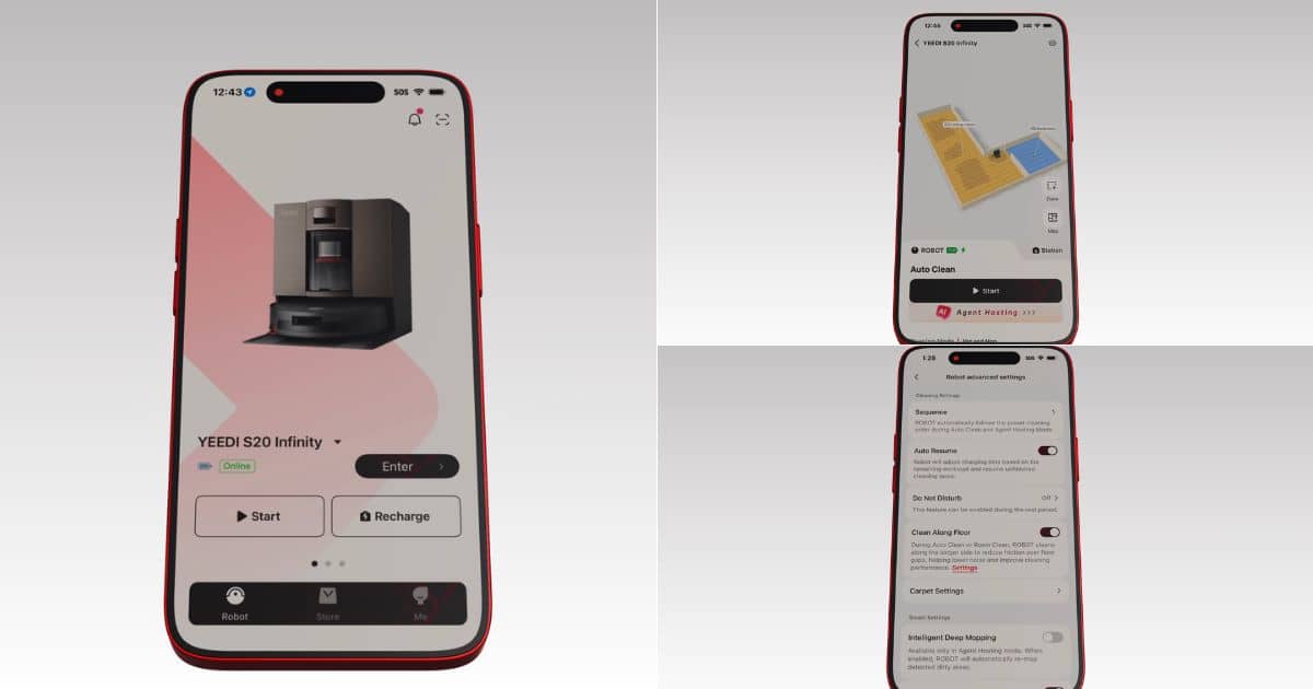 | Vacuum Wars Collage of three Yeedi app screens for the S20 Infinity showing the main device screen with Start and Recharge buttons, a cleaning map view, and advanced robot settings.
