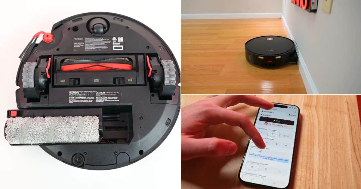 | Vacuum Wars Three-panel collage showing the underside of the Yeedi S20 Infinity with its roller mop and brush system, the robot cleaning along a wall on hardwood floor, and a phone displaying cleaning controls in the Yeedi app.