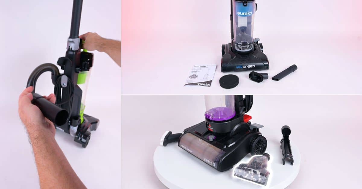 | Vacuum Wars Collage showing the hose and attachment setup on budget uprights, including a hand removing the extension wand from a Eureka upright, a Eureka Airspeed upright with its manual, filter, dusting brush, and crevice tool, and a Bissell CleanView Compact Turbo with a turbo brush attachment beside the vacuum.