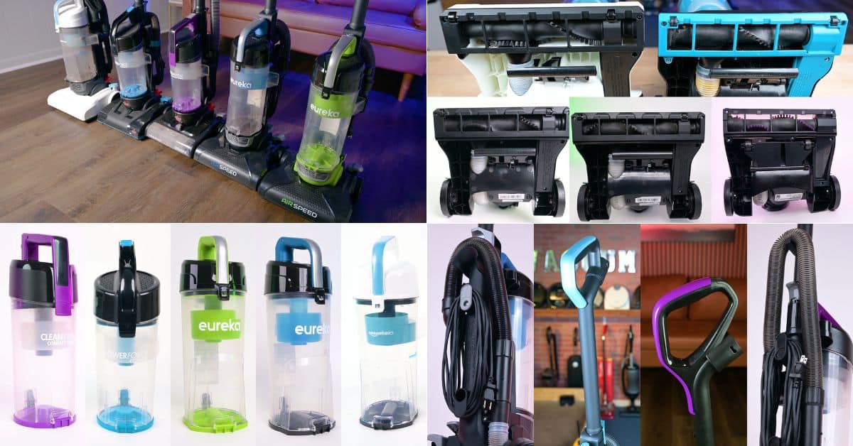 | Vacuum Wars Collage comparing five budget upright vacuums with side-by-side views of the full vacuums, underside floorhead designs, clear dust bins, and close-ups of hose and handle layouts to show how similar the designs are across models.