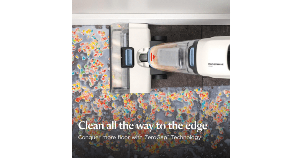 Bissell CrossWave Edge Wall clean | Vacuum Wars BISSELL CrossWave Edge cordless vacuum mop cleaning cereal spill along wall edge with ZeroGap Technology for edge-to-edge cleaning