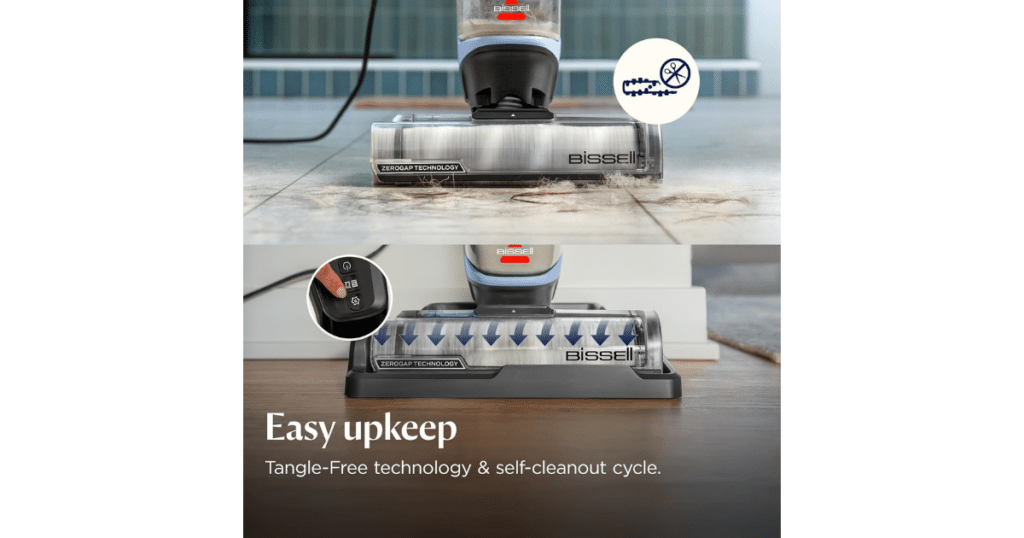 Bissell Crosswave Edge upkeep | Vacuum Wars BISSELL CrossWave vacuum mop with tangle-free brush roll and self-cleaning cycle removing hair and debris on tile floor