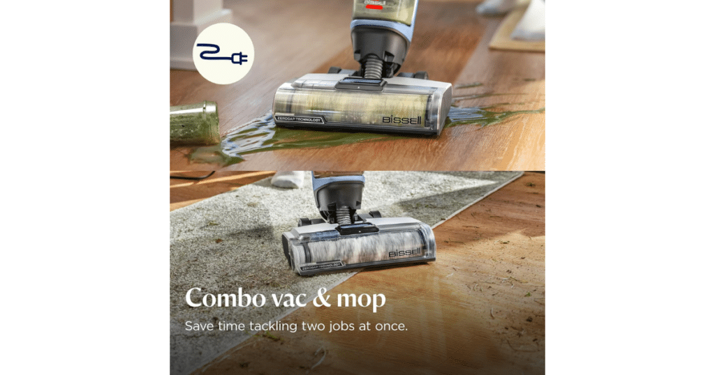 Bissell CrossWave cordless vacuum mop cleaning wet spills on hardwood floor and dry debris on area rug with multi-surface capability