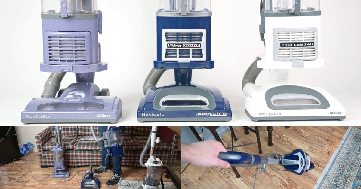 | Vacuum Wars Five-image collage of Shark Navigator Lift-Away upright vacuums in purple, blue, and white, including three front views, one Lift-Away demonstration, and one image of the vacuum cleaning a hard floor.