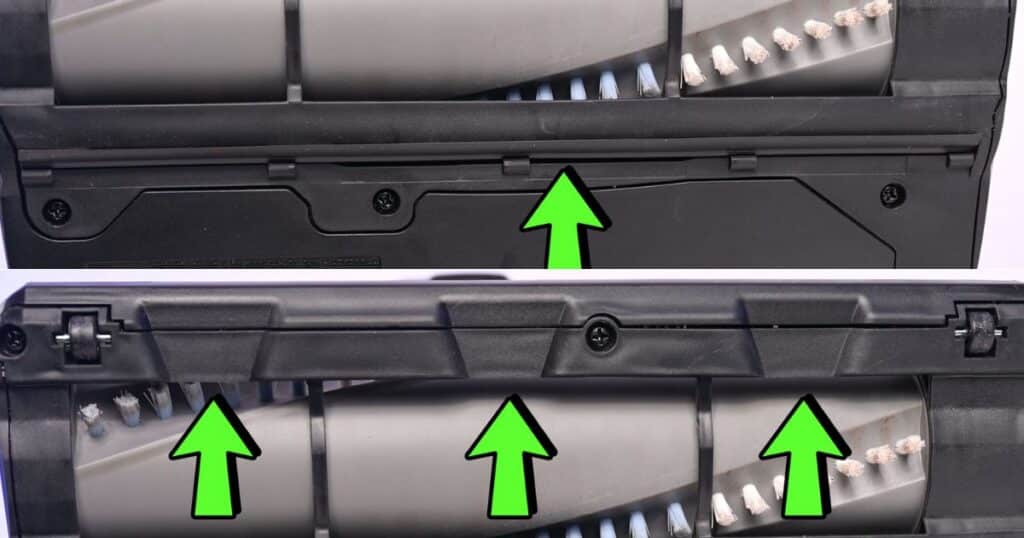 Comparison of floor head gate designs on upright vacuums, showing a single narrow gate on the top brush roll and three larger front debris gates on the bottom brush roll designed to improve larger debris pickup.