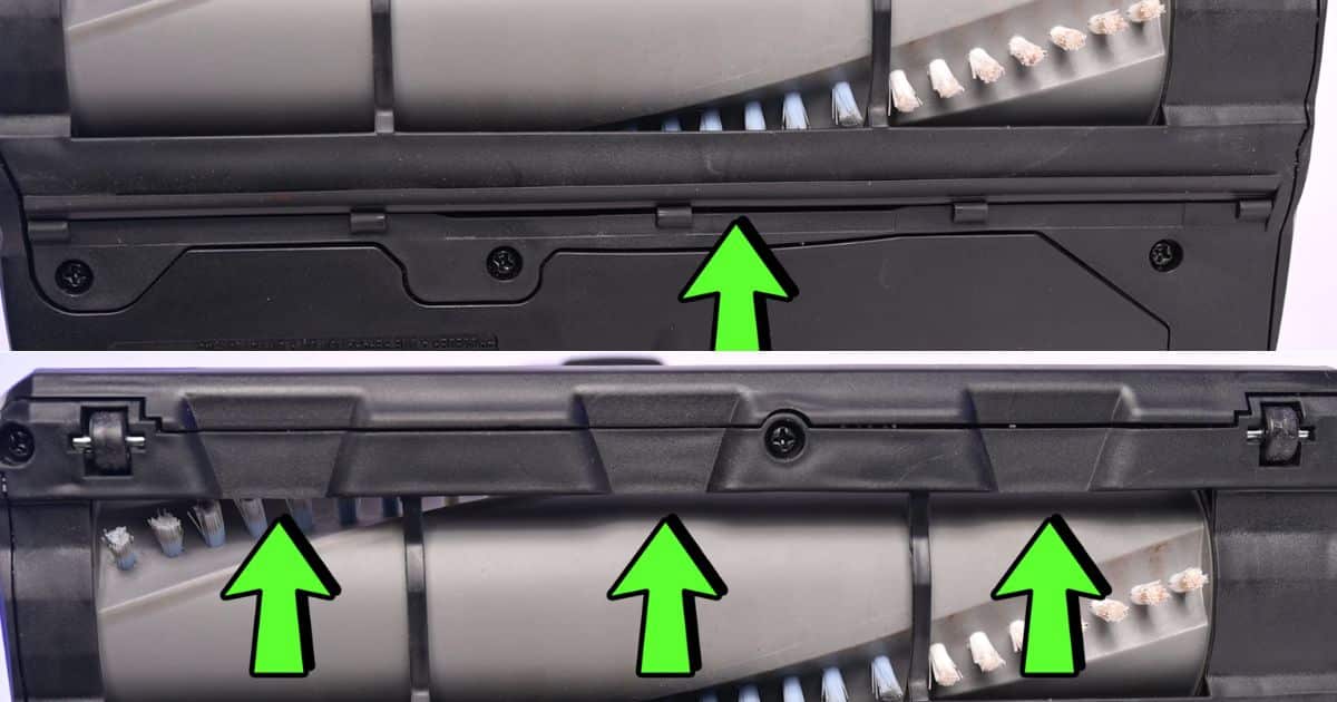 | Vacuum Wars Two close-up underside views of the Bissell Pet Hair Eraser Allergen Lift-Off 39883 floor head, with green arrows pointing to the rear squeegee and three front debris gates.
