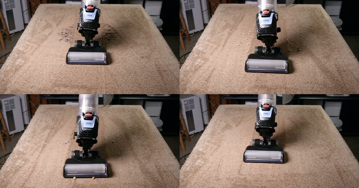 | Vacuum Wars Four-panel collage of the Bissell Pet Hair Eraser Allergen Lift-Off 39883 vacuuming beige carpet test lanes with different debris sizes, showing pickup results across multiple carpet debris tests.