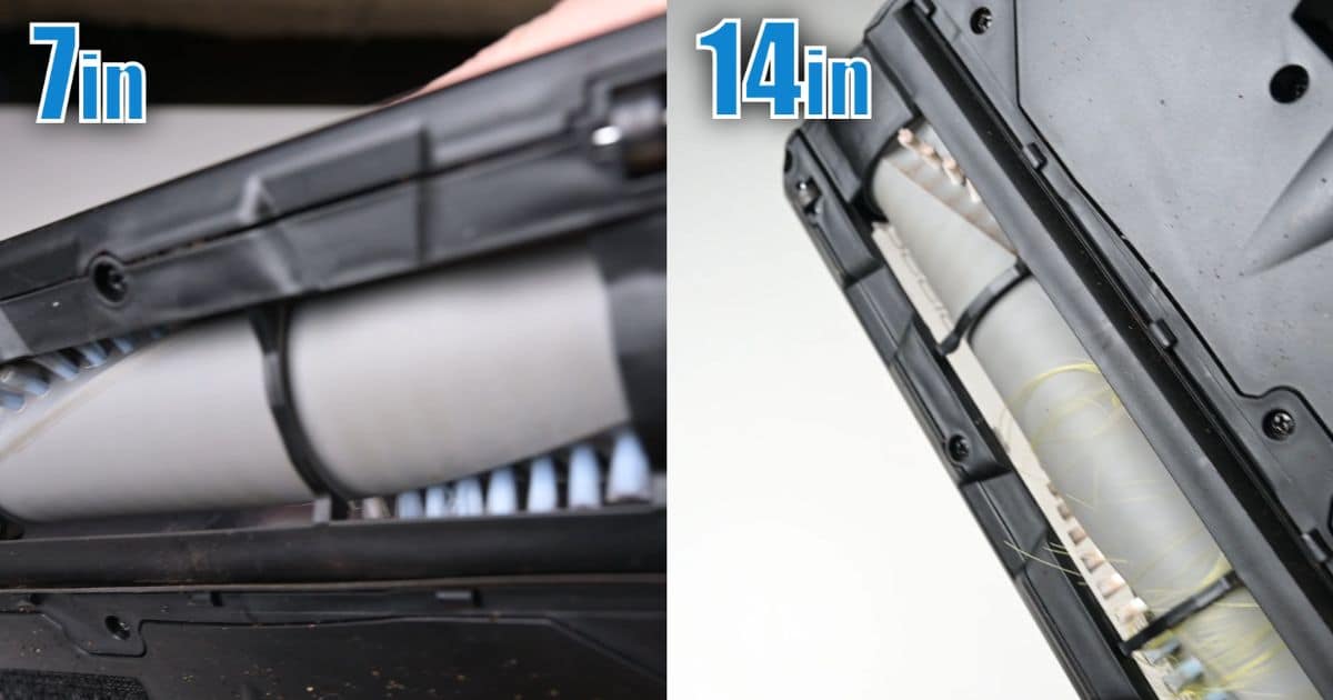 | Vacuum Wars Side-by-side close-ups comparing a 7-inch roller assembly (left) and a 14-inch roller assembly (right) inside a device.