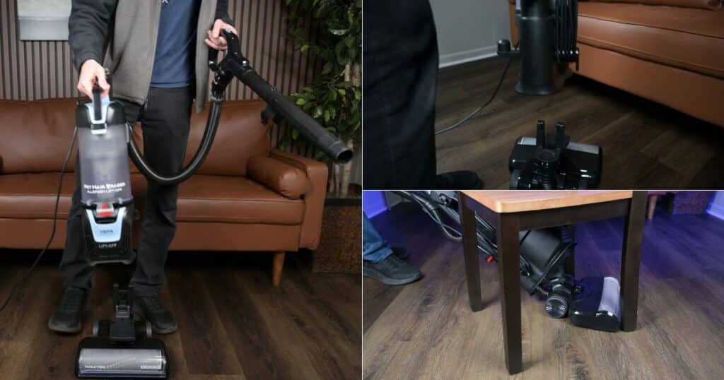 Collage showing the Bissell Pet Hair Eraser Allergen Lift-Off upright vacuum being used in Lift-Off mode, maneuvering on hard floors, and cleaning underneath furniture with swivel steering.