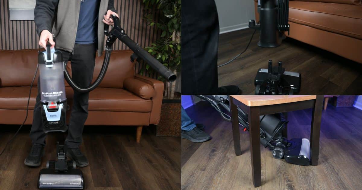 | Vacuum Wars Three-panel collage of the Bissell Pet Hair Eraser Allergen Lift-Off 39883 showing a person using the detachable Lift-Off canister, the floor head turning near a sofa, and the vacuum maneuvering around and under furniture on hard floors.