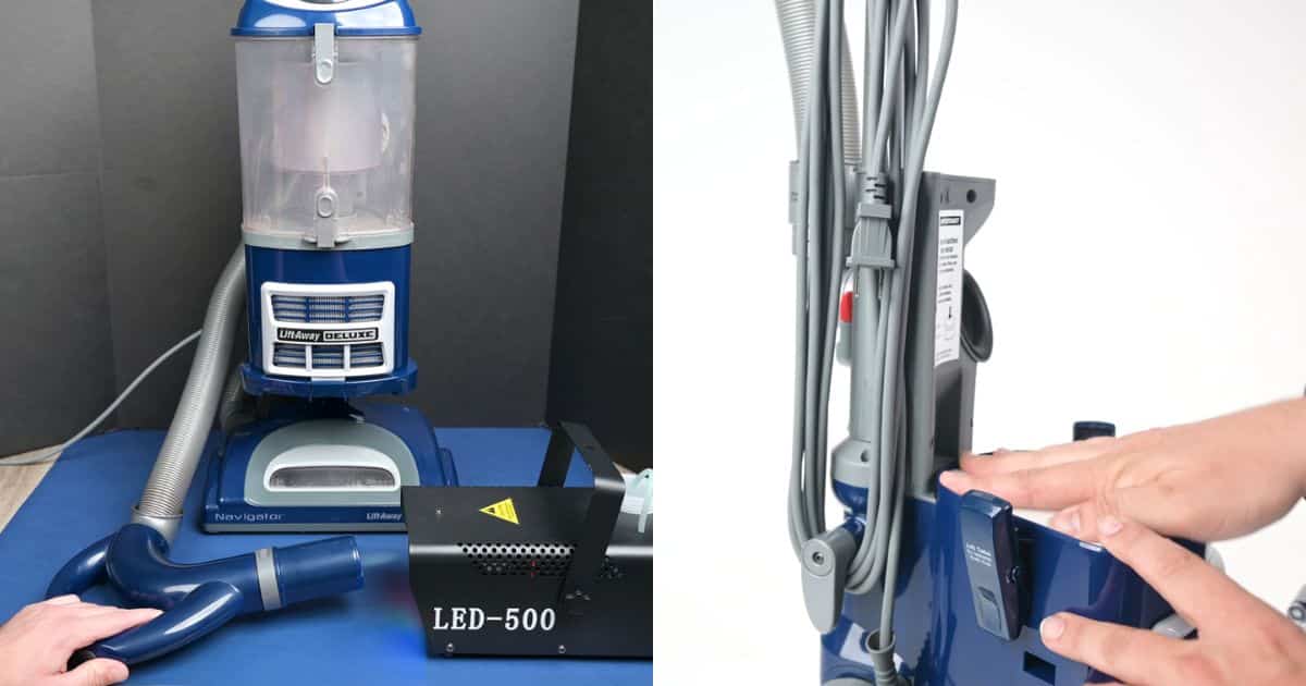 | Vacuum Wars Split image of a blue Shark Navigator Lift-Away Deluxe upright vacuum, with the left panel showing the vacuum in a test setup beside an LED-500 device and the right panel showing a hand pressing the Lift-Away release on the back of the vacuum.