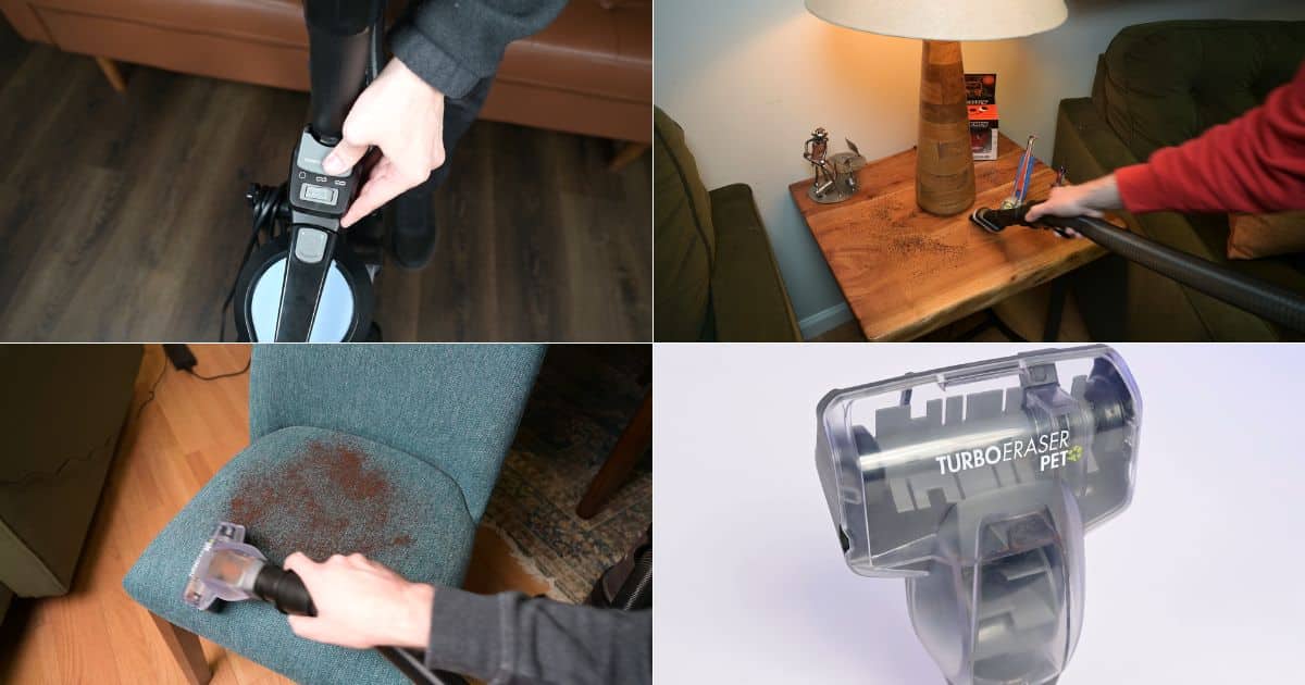 | Vacuum Wars Four-panel collage showing the Bissell Pet Hair Eraser Allergen Lift-Off 39883 wand release, above-floor cleaning on a side table, upholstery cleaning on a chair, and the included TurboEraser Pet attachment.