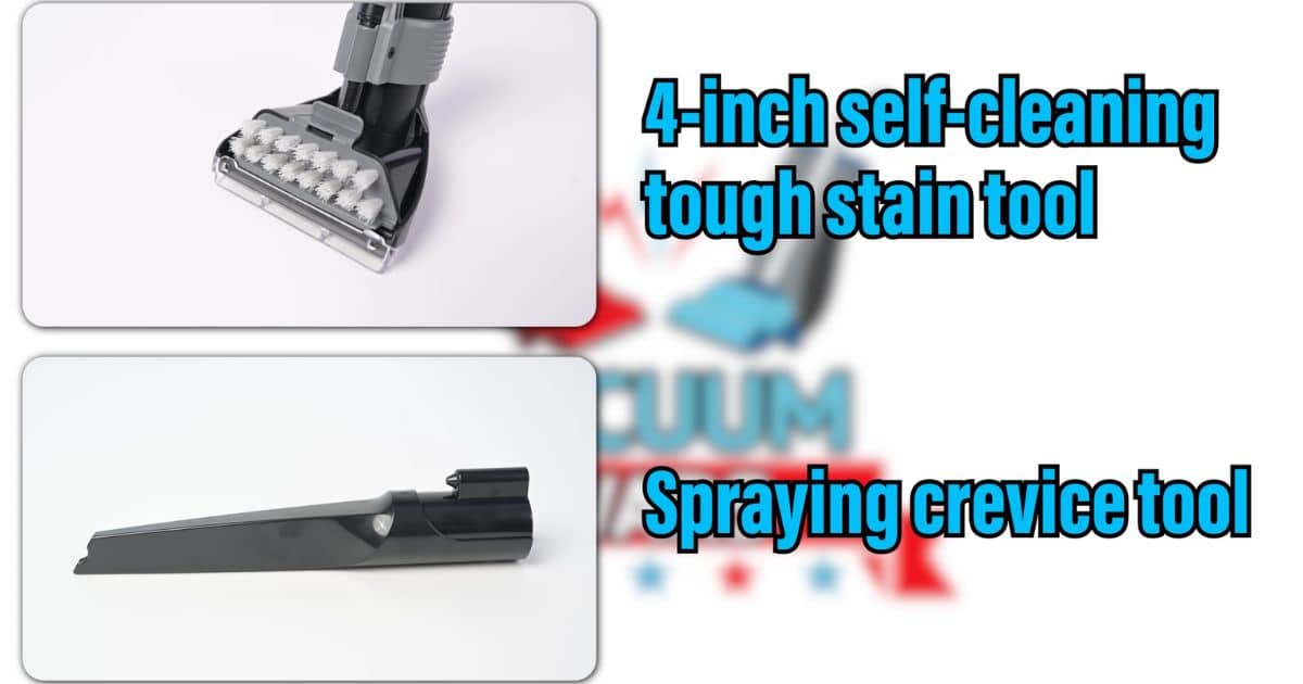 | Vacuum Wars Image showing two included Bissell HydroSteam attachments labeled 4-inch self-cleaning tough stain tool and spraying crevice tool.
