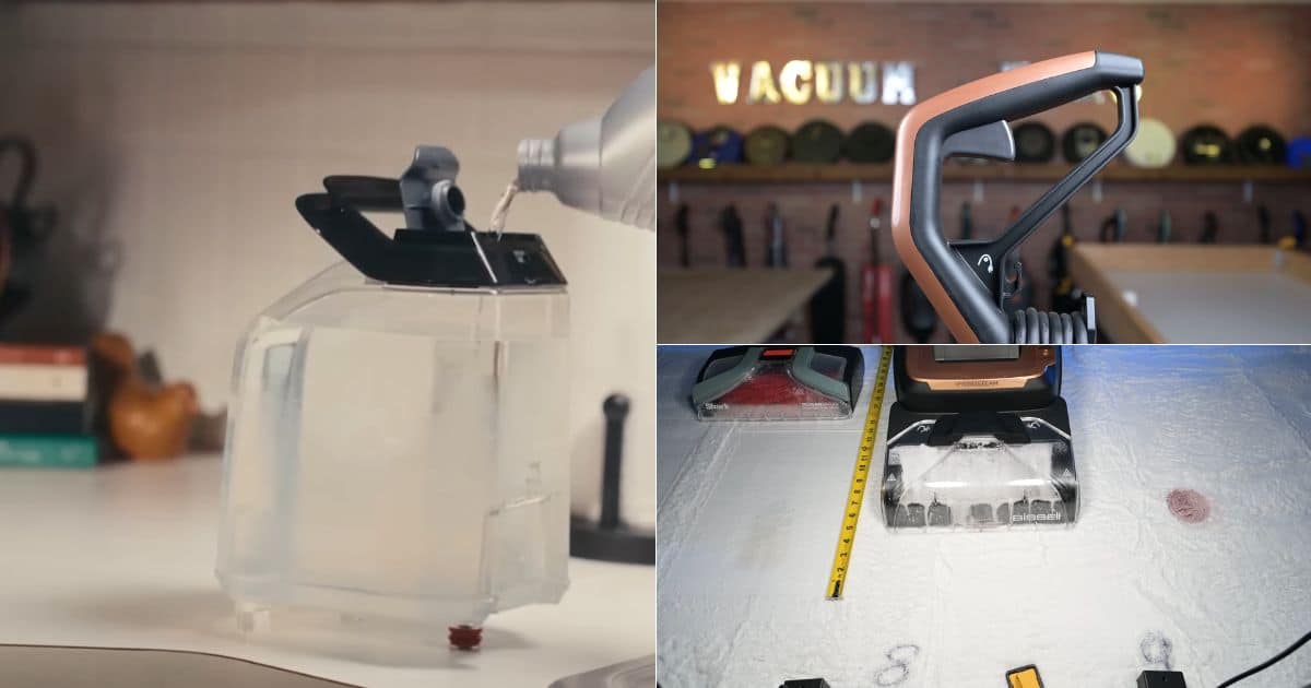 | Vacuum Wars Collage of the Bissell HydroSteam 4123 showing water being poured into the clean water tank, a close-up of the handle and trigger area, and the carpet cleaner shown during stain removal testing.