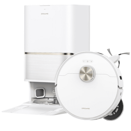 White circular robot vacuum in front of a tall white home water purifier on a white background.
