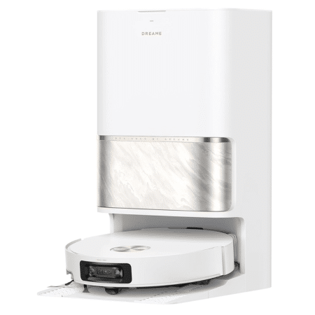 White vertical home appliance with a metal intake and a round robotic vacuum docked at the bottom.