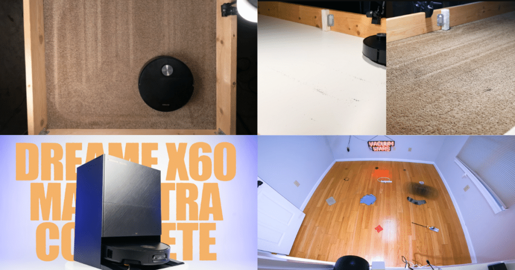 Collage of Dreame X60 Max Ultra Complete robot vacuum showing cleaning on carpet and hard floors, obstacle navigation, docking station, and test environment.