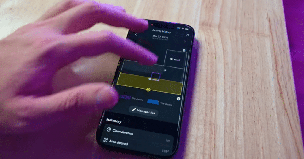 Dyson Spot + Scrub AI app | Vacuum Wars Dyson Spot+Scrub AI app interface showing mapping, cleaning zones, and activity history with limited customization features