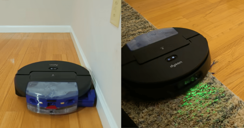 Dyson Spot + Scrub AI mop features | Vacuum Wars Dyson Spot+Scrub AI mop lifting 10 mm over carpet and extending to edge for wall cleaning with green LED illumination