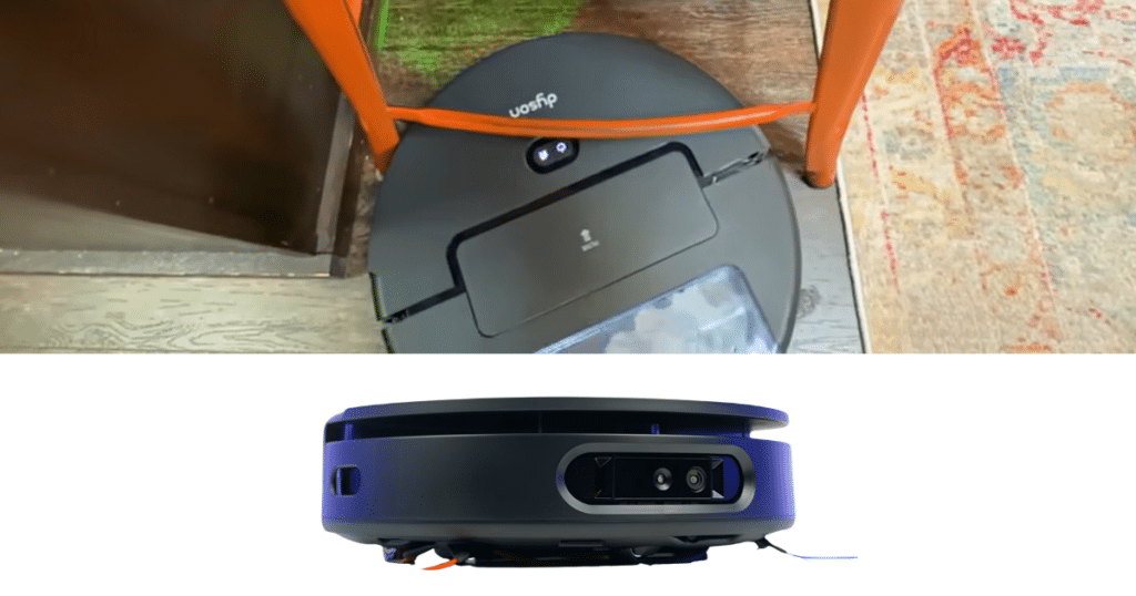 Dyson Spot + Scrub AI size | Vacuum Wars Dyson Spot+Scrub AI height comparison showing 4.3-inch tall robot struggling under furniture versus 3.8-inch average clearance