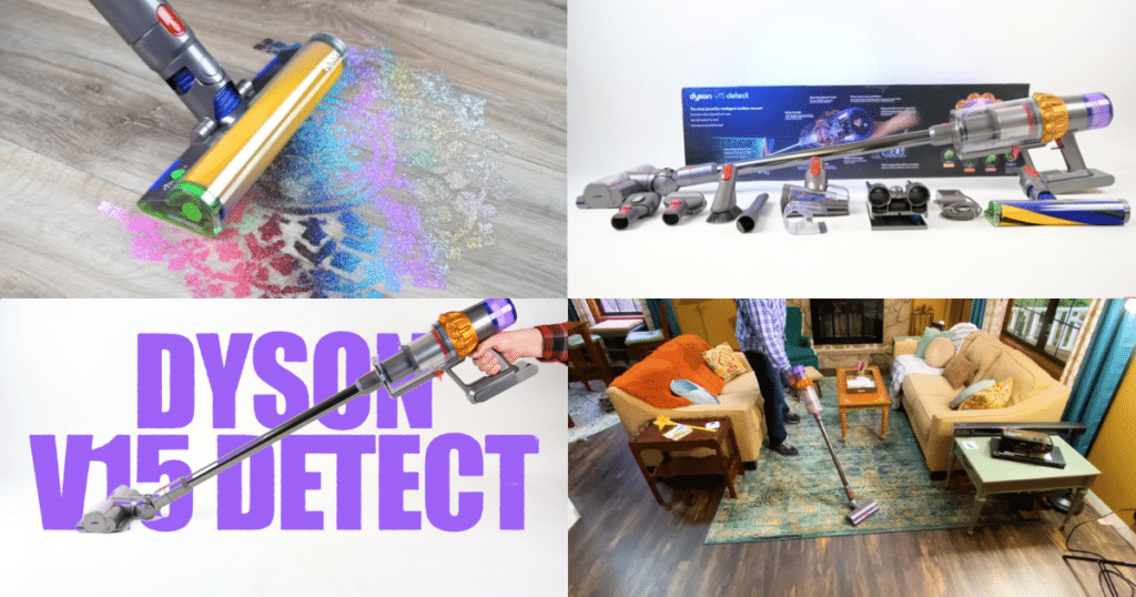 Collage of Dyson V15 Detect cordless vacuum showing laser dust detection on hard floors, included attachments, and use in a living room setting.
