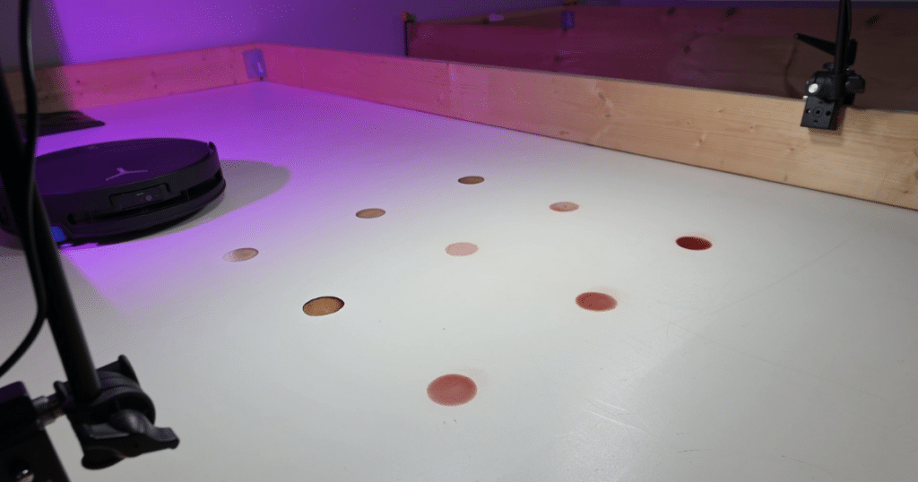 Ecovacs T90 Pro Omni Robot Vacuum Mopping Test 1 | Vacuum Wars Ecovacs T90 Pro Omni robot Vacuum approaching a mopping stain test at Vacuum Wars.