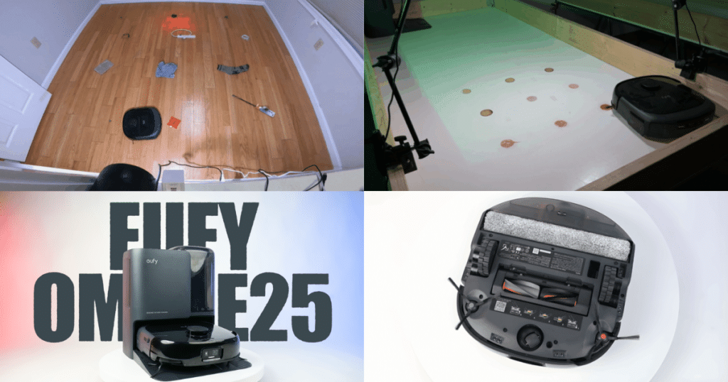 Collage of Eufy E25 robot vacuum showing cleaning tests on hard floors, debris pickup, dock station, and underside components.