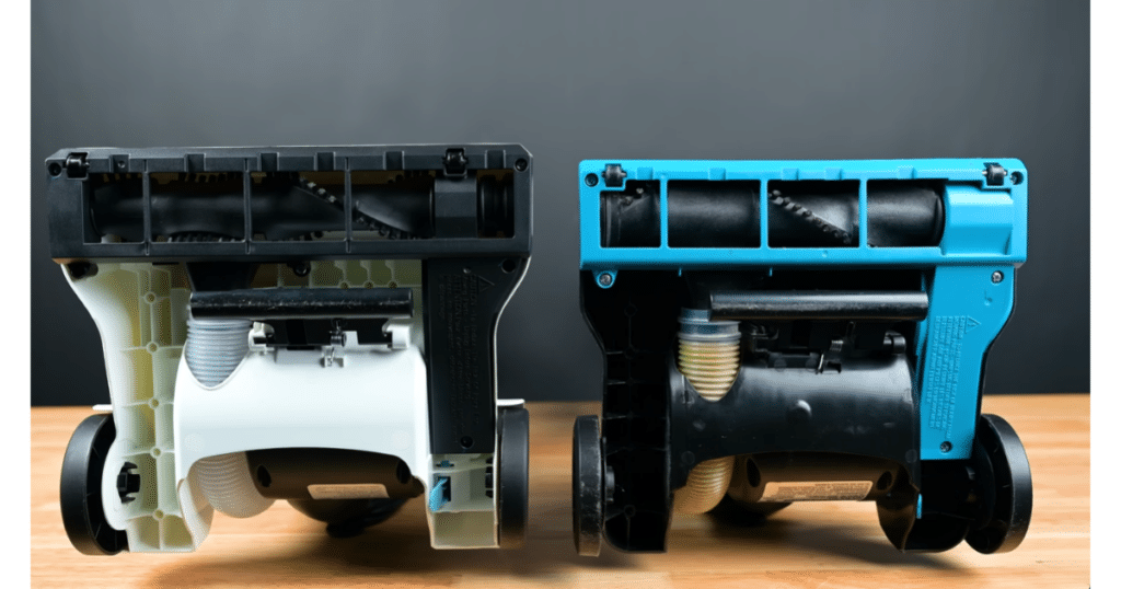 Floorhead degsign without Squeege on an Upright Vacuum | Vacuum Wars Underside view of Amazon Basics and Bissell PowerForce Helix vacuum floorheads showing older design without squeegee
