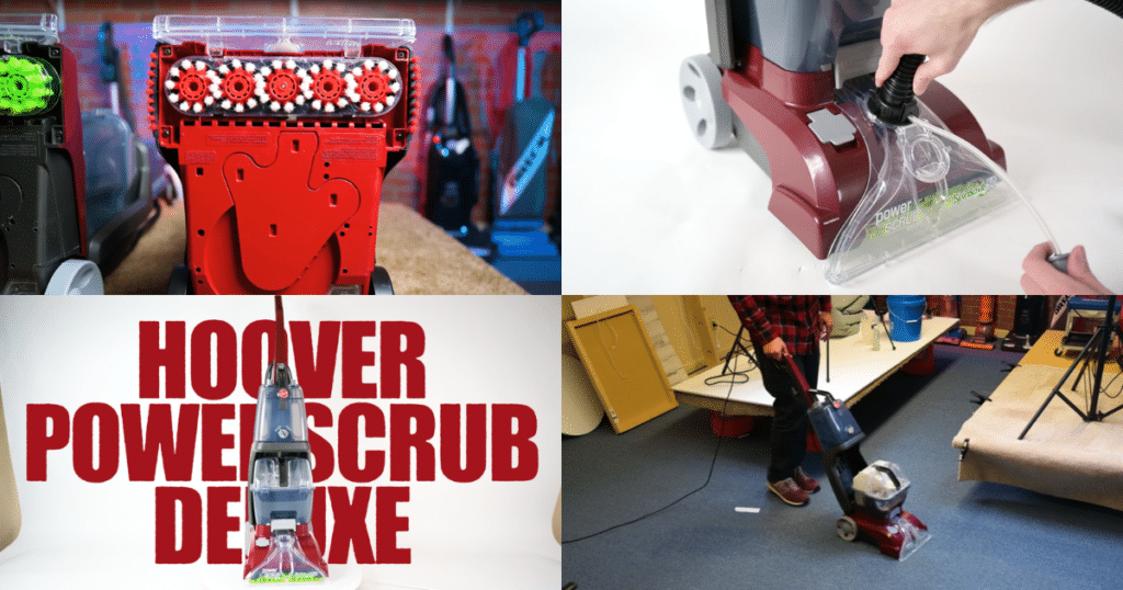 Collage of Hoover PowerScrub Deluxe carpet cleaner showing underside brush system, water extraction head, and use in a workshop setting.