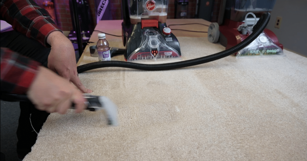 Hoover PowerScrub Deluxe Carpet Spot Stain Testing2 | Vacuum Wars Cleaning the grape juice with the Hoover PowerScrub Deluxe Carpet hose and spot cleaner attachment